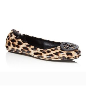 Tory Burch Minnie Leopard Patent Leather Logo Ballet Flats - 8